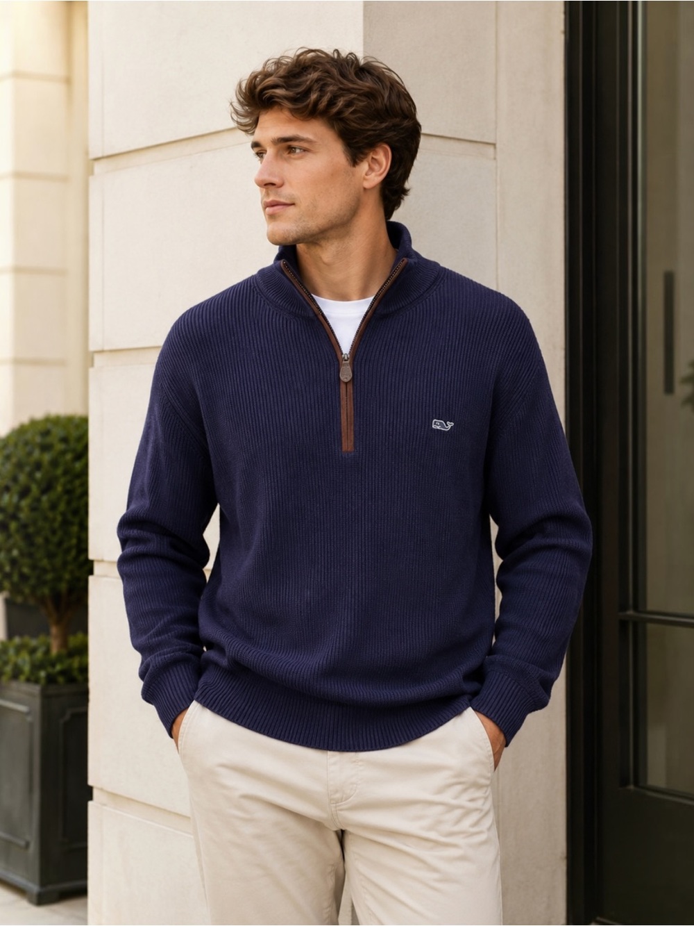 Vineyard Vines Men’s XL Navy Quarter Zip Sweater Cotton Blend Leather Trim